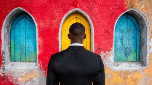  a man in a black suit standing in front of a red wall with three colorful doors photo