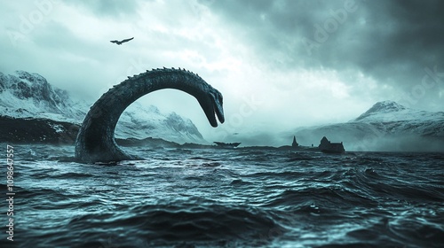 image of mystical Loch Ness Monster in the background, mystical Loch Ness Monster wallpaper.