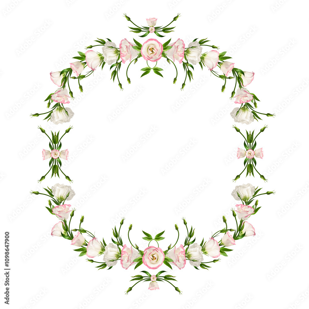Fototapeta premium Festive frame of delicate Eustoma flowers. Floral arrangement for wedding invitations, holiday cards, collages, frames.