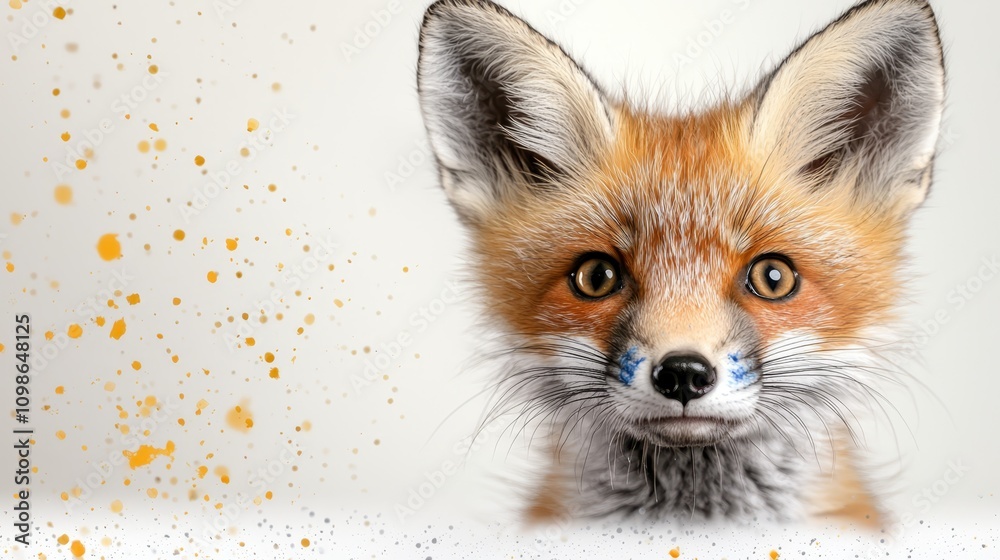 Fototapeta premium a red fox with blue paint on its face, set against a white background The fox has a bright red coat with white patches, and its eyes are a deep black Its ears are