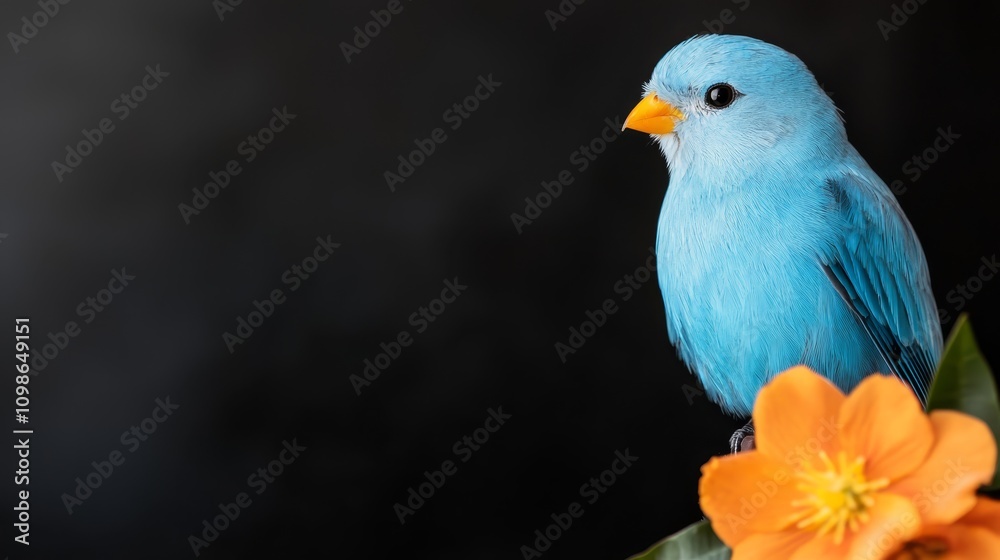 Obraz premium a blue bird perched atop an orange flower, surrounded by lush green leaves The background is a deep black, creating a striking contrast with the vibrant colors of