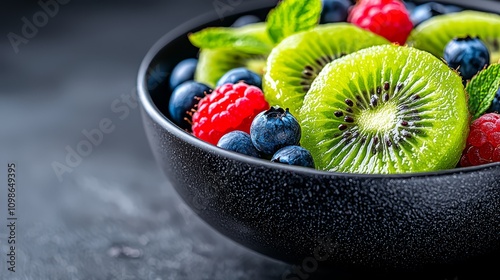  a black bowl filled with a variety of fresh fruits, including kiwi, strawberries, blueberries, and raspberries, as well as some leaves The bowl is placed on a flat photo