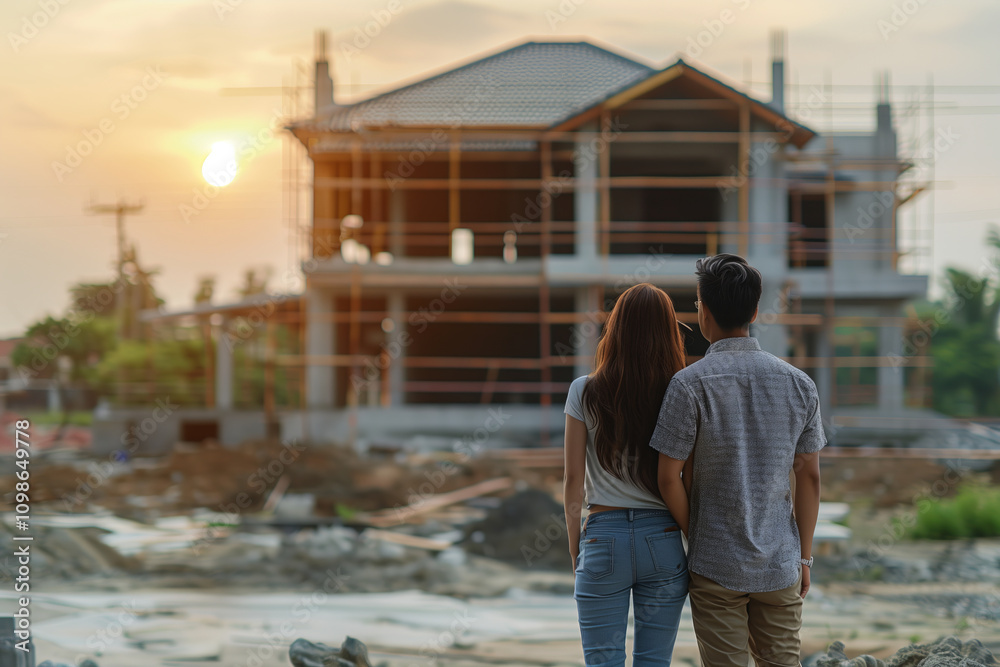 Fototapeta premium Couple looking happily at their house, house construction