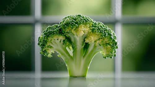  a close up of a head of broccoli sitting on top of a table, with a glass window in the background The broccoli is a vibrant green color, and the background is slig photo