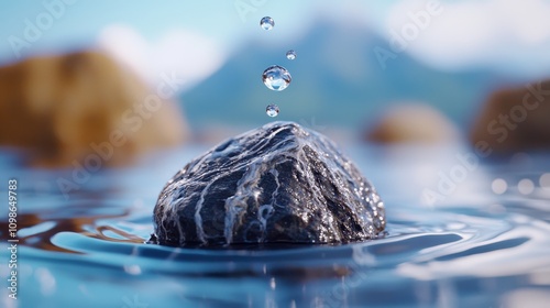  a rock in the water with water droplets on it, surrounded by a blurred background The resolution of the image is 1920x1200 photo