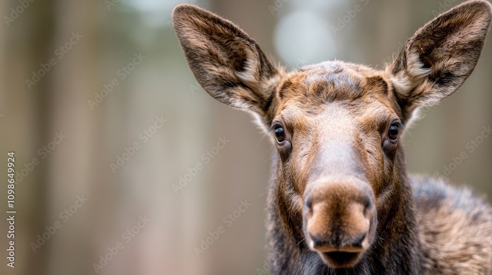 Fototapeta premium a close up of a moose looking at the camera with a blurred background The moose is brown and black in color