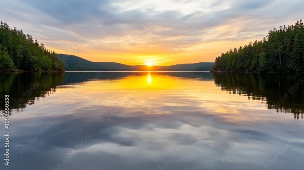Obraz premium a beautiful sunset over a lake with trees in the background The lake is surrounded by hills and the sky is filled with clouds The sun is setting in the distance,