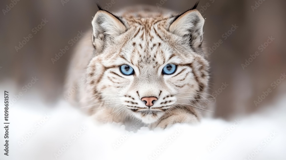 Obraz premium a lynx with blue eyes peeking out from behind the snow, its fur blending in with the blurred background