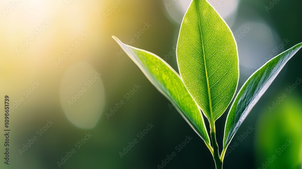 Obraz premium a green leaf with water droplets on it, set against a blurred background The leaf is vibrant and lush, with a glossy sheen that reflects the light The droplets of