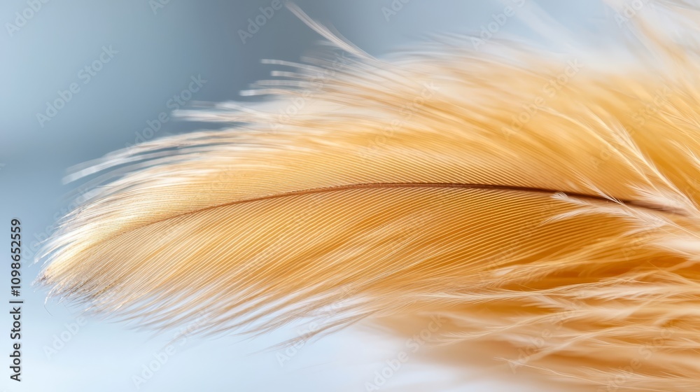 Fototapeta premium a close up of a feather on a blue background The feather is in focus, while the background is slightly blurred, giving the feather a sense of depth and focus
