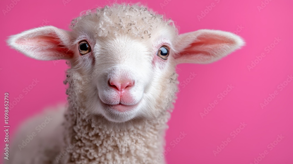 Obraz premium a white lamb with water droplets on its face looking directly at the camera against a pink background