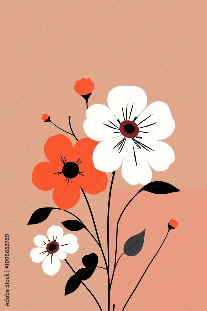 Obraz premium Minimalist Floral Illustration with Orange and White Flowers