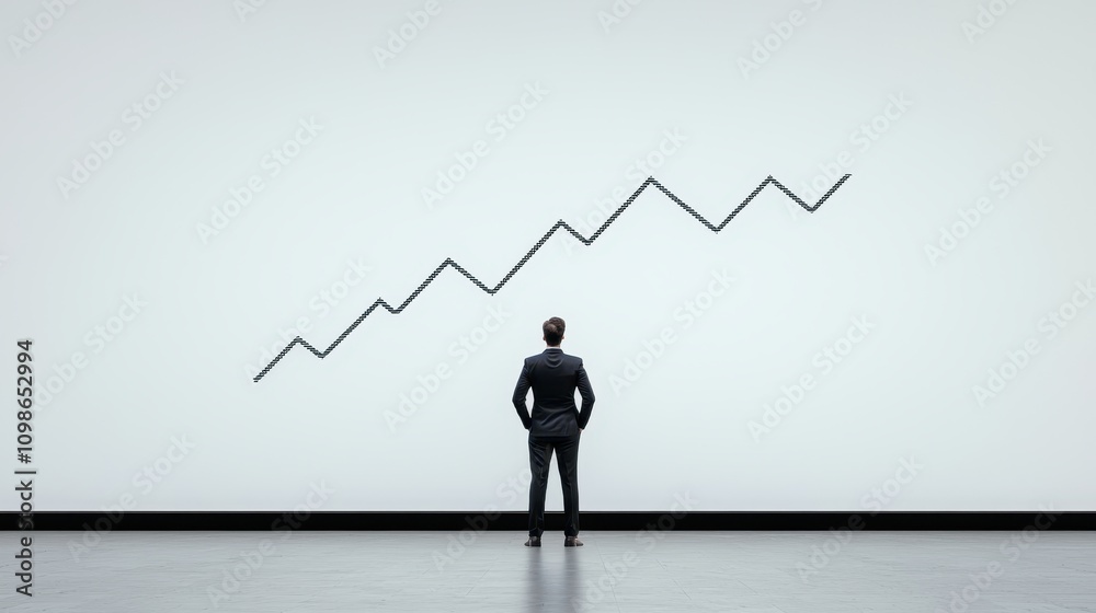 Fototapeta premium Businessman Observing Growing Line Graph on Wall, Representing Financial Growth and Success in a Minimalistic Office Environment for Corporate Use