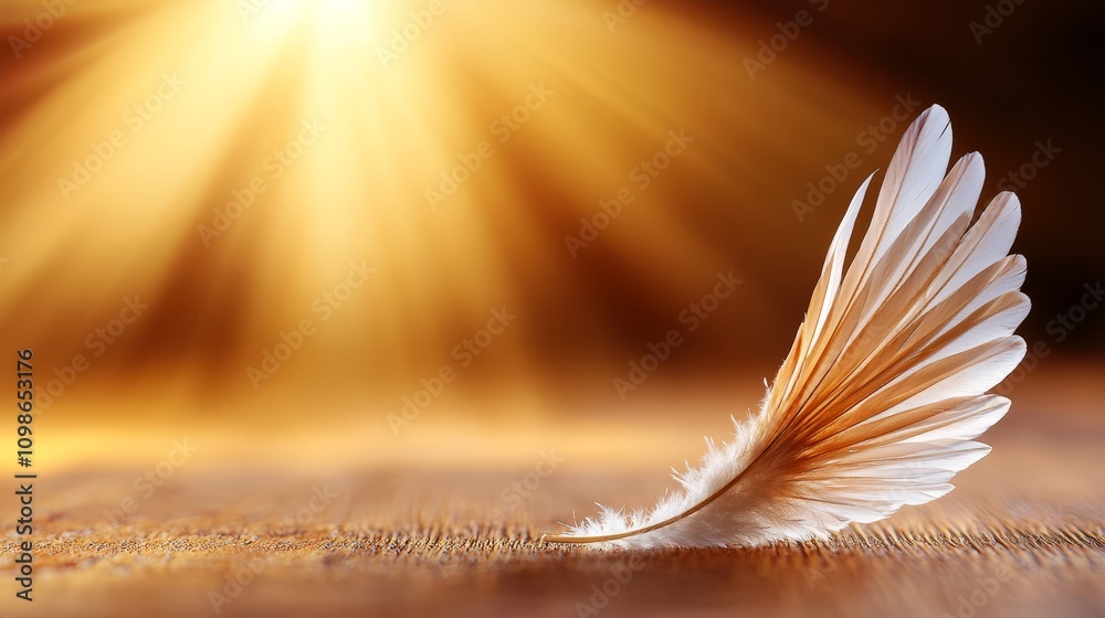 Fototapeta premium a white feather resting on a wooden table with the sun shining brightly in the background, creating a beautiful and peaceful atmosphere