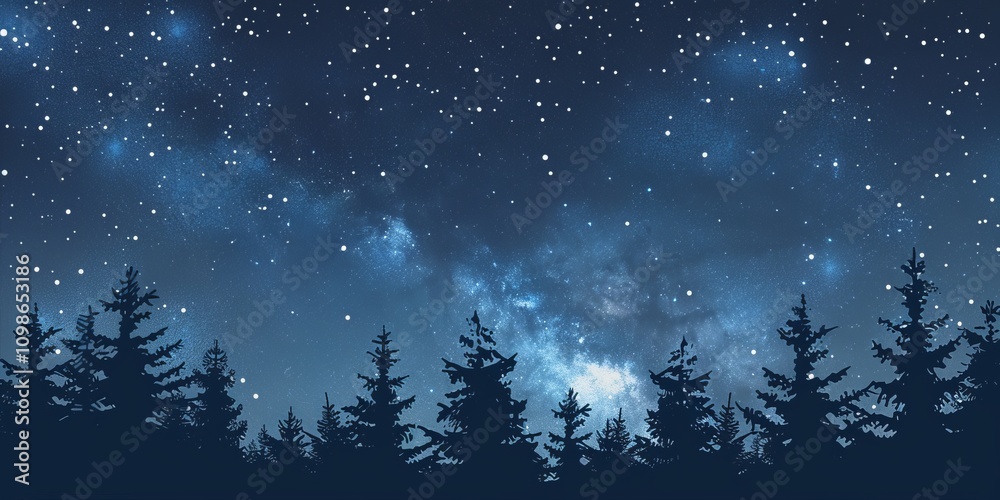 Fototapeta premium Beautiful starry night sky over a forest with silhouetted pine trees, capturing the serene beauty of nature.