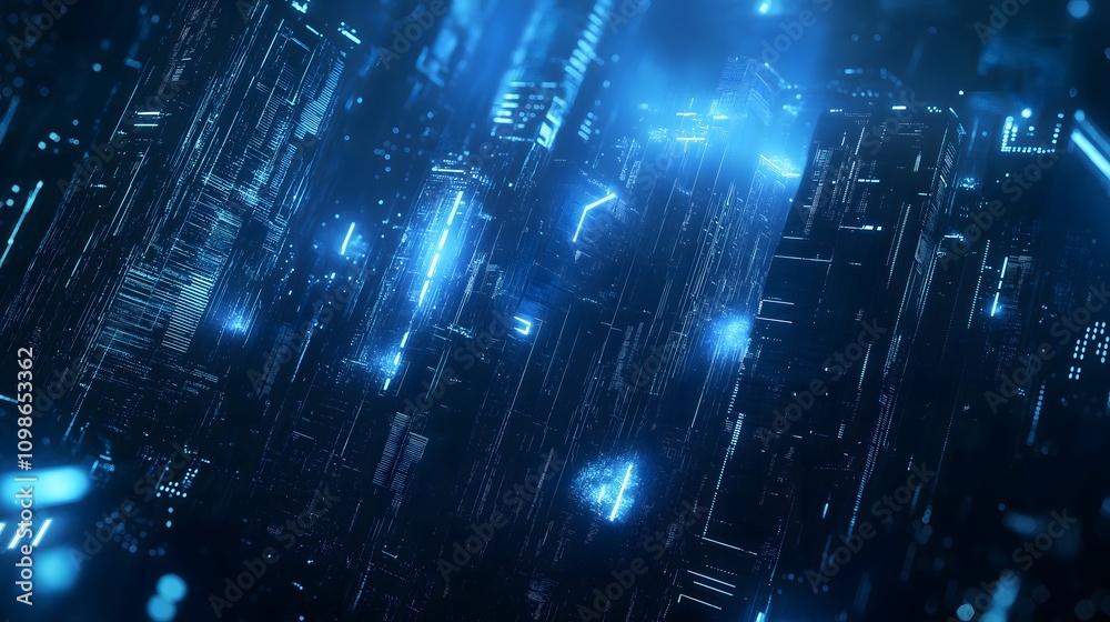 Fototapeta premium Abstract digital data stream, glowing blue lines and structures.