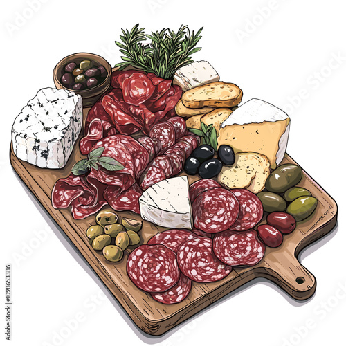 Charcuterie Board with Meats, Cheeses, and Olives