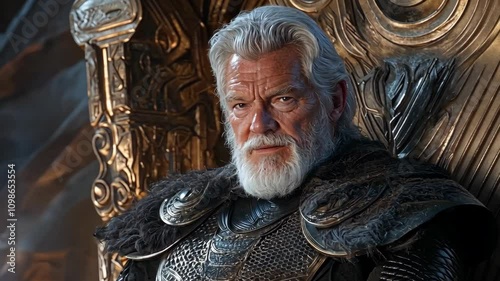 Elderly warrior, crowned king, sits confidently on his ornate throne in a dimly lit hall during an epic fantasy setting