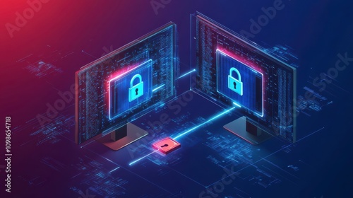Secure File Transfer Concept With Encrypted Data Movement Between Computer Monitors. Generative AI