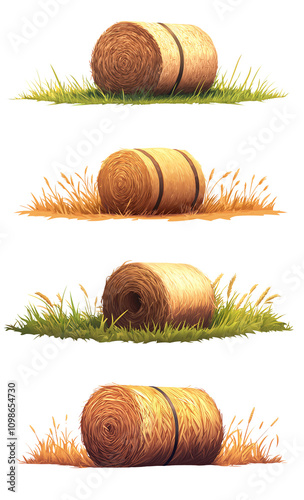 Four hay bales on green grass, white isolate background. transparent background