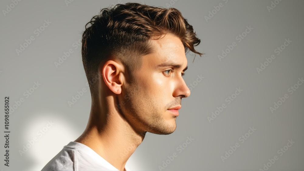 Obraz premium Profile of a young man with stylish haircut and neutral expression against gray background