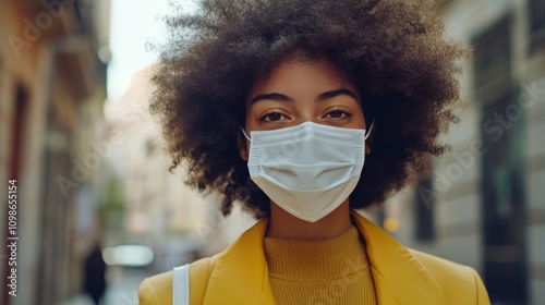 Portrait of a black woman with afro hairstyle and white protective mask on her face against viruses, covid 19 with space for textl or inscriptions
 photo