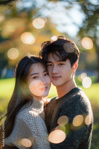 Asian couple hugging and kissing in the park.