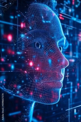 Wallpaper Mural A woman's face is shown in a computer generated image with a blue background. The face is made up of many small dots, giving it a futuristic and artificial appearance Torontodigital.ca