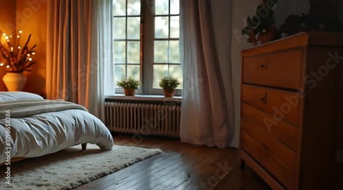 A cozy bedroom with a plush rug, comfy pillows, and ambient lighting creating a warm, inviting space. photo