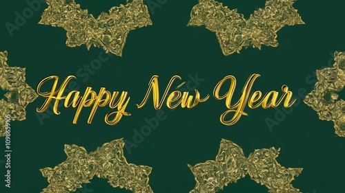 Elegant 'Happy New Year' text with gold ornamental background, celebrating the New Year in a classy and festive style.