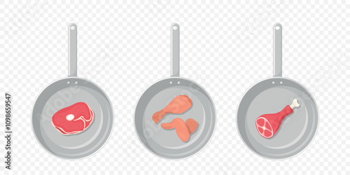 Flat Vector Top View Skillet With Steak, Chicken Leg And Wing, Meat Shank On Bone. Frying Pan Illustration. Cooking Pan With Meat, Steak In Pan, Chicken Wing, Meat Shank. Culinary Art