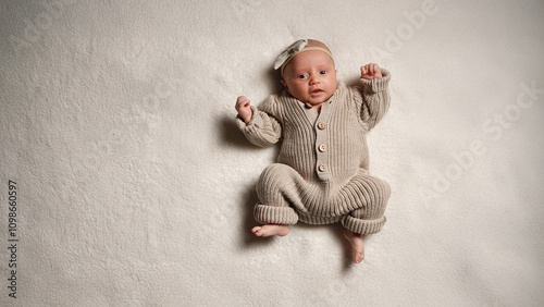Active European baby full height, one month, pastel colors.