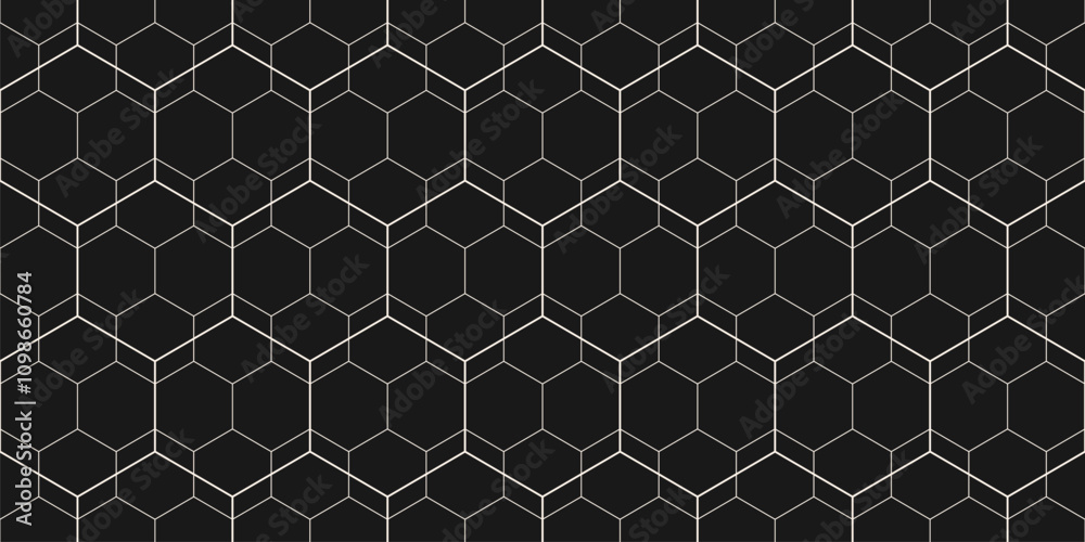 Fototapeta premium Minimalist geometric seamless pattern. Subtle vector linear texture with hexagon grid, delicate minimal lattice, net, diamonds. Black and white outline abstract background. Repeating dark geo design