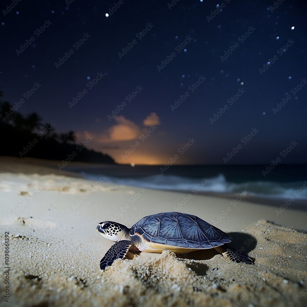 Obraz premium Serene turtle journeying on beach as night sky glows above.