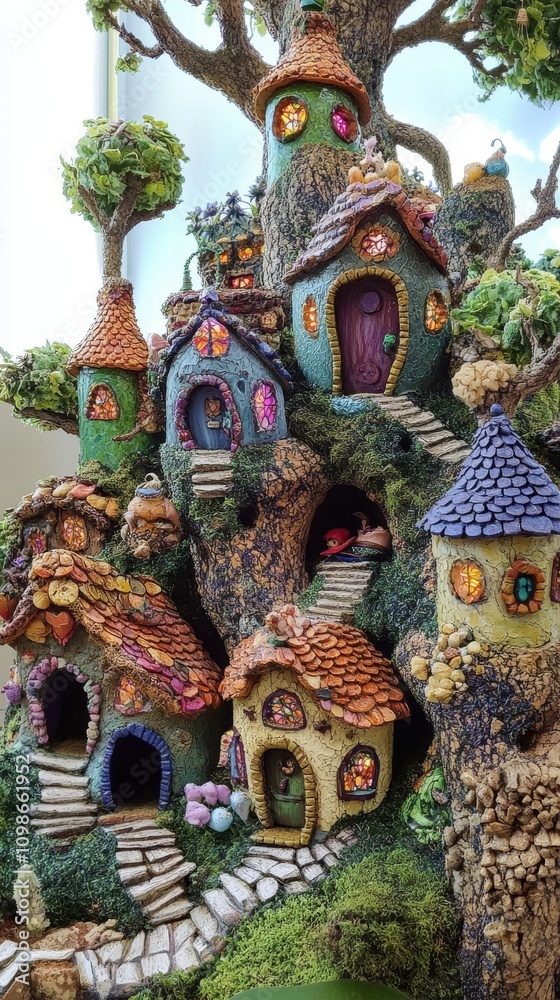 Fototapeta premium Whimsical tree houses with vibrant doors nestled in a lush, magical forest, evoking a fairy tale atmosphere.