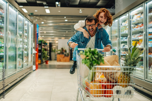 Billede på lærred Happy couple having fun riding shopping cart in supermarket