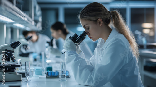 Scientist in a lab coat and safety glasses examines samples under a microscope in a modern lab.