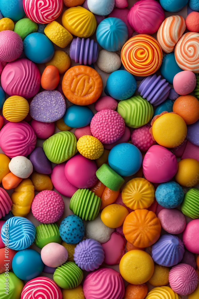 Fototapeta premium A pile of colorful candies and lollipops on a white surface
