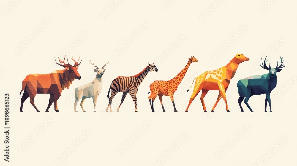 Fototapeta premium Colorful geometric animal illustrations including deer, zebra, giraffe, and antelope on a minimalist background.