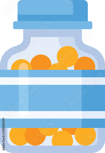 Orange vitamin pills are stored in a transparent glass jar with a blue label and cap, symbolizing a commitment to health and well being