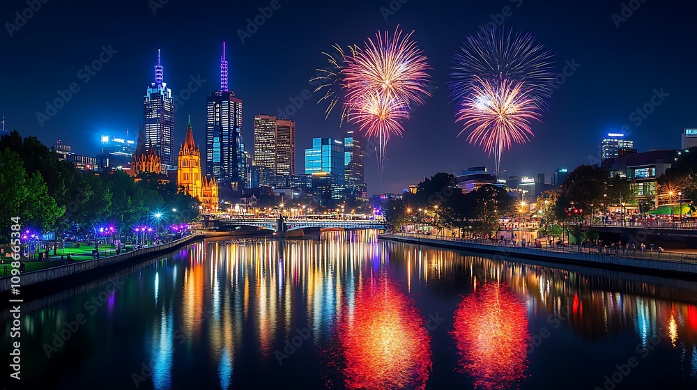 Naklejka premium Stunning Night Skyline Illuminated by Fireworks Over the River