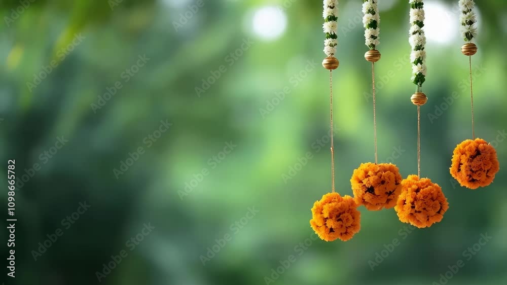 Traditional Indian floral garland toran made of marigold or zendu flower decorated temple or home. Happy Diwali festival, Pongal or Gudi Padwa. Decoration for Indian hindu holiday, wedding