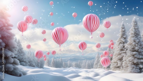 Christmas set - A whimsical background featuring candy cane balloons floating in a snowy landscape