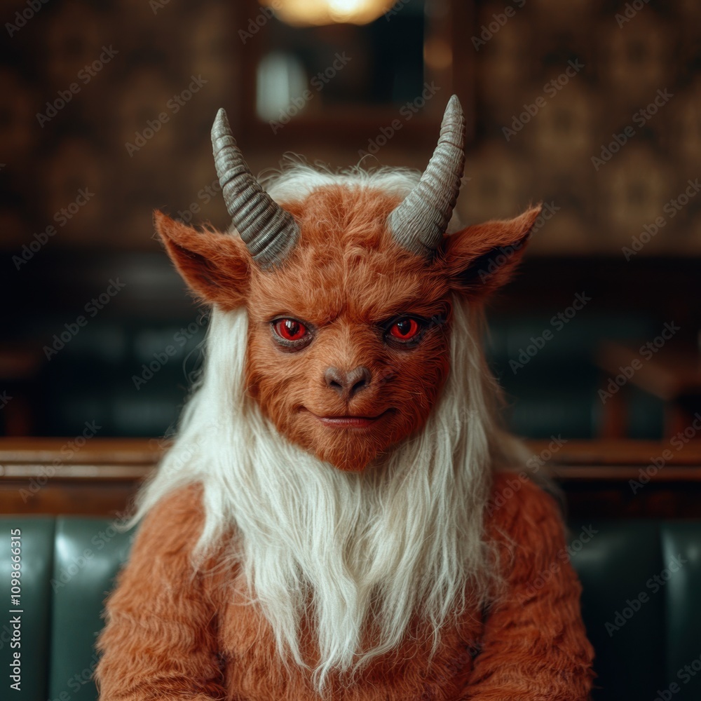 Naklejka premium Furry mythical creature with horns and red eyes
