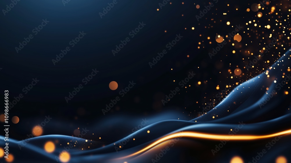 Obraz premium Blue waves with gold light trail on black background. Technology flow visualization