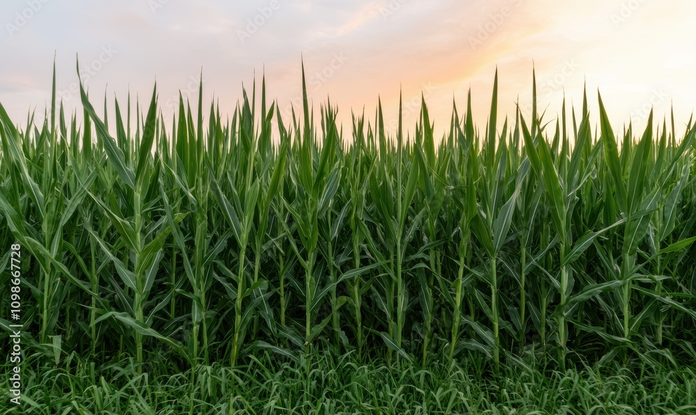 Obraz premium Lush green corn field at sunset