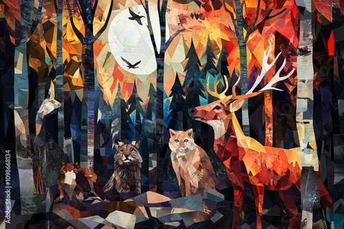 Deers and forest wild animals in a grungy and colorful collage illustration