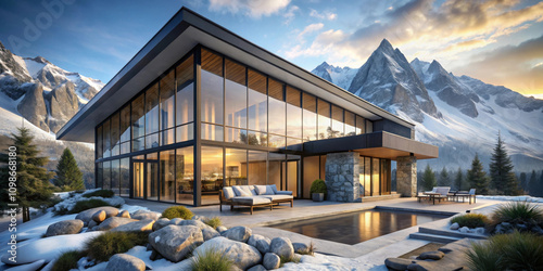 Modern Chalet with Glass Walls in Mountains photo