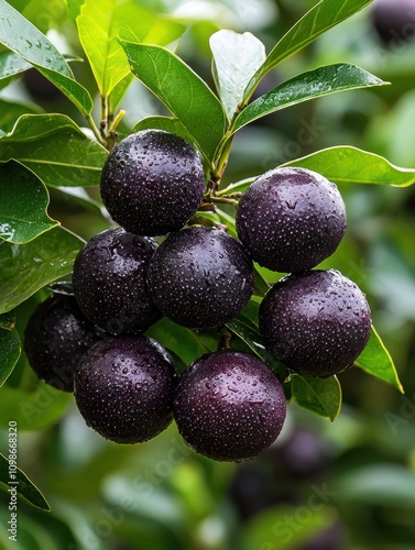 Ripe black plums on tree branch with green leaves