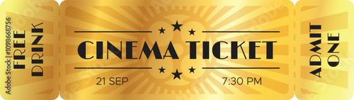 Golden cinema ticket for a movie night, including a free drink, scheduled for september 21st at 7,30 pm, featuring a vintage design with stars and radial rays